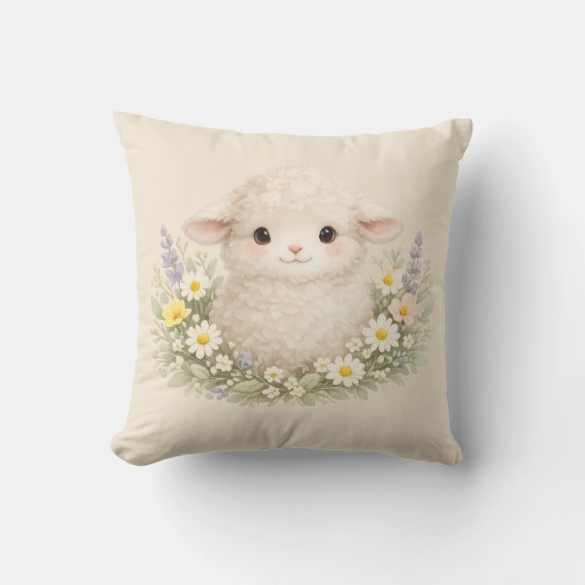 Whimsicala får och vilda blommor för en charmig kudde (Framsida)