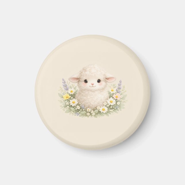 Whimsicala får och vilda blommor för en charmig magnet (Framsidan)