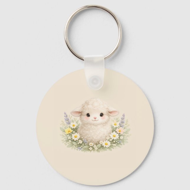 Whimsicala får och vilda blommor för en charmig nyckelring (Framsida)