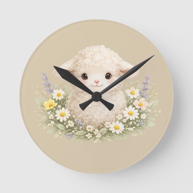 Whimsicala får och vilda blommor för en charmig rund klocka (Framsida)