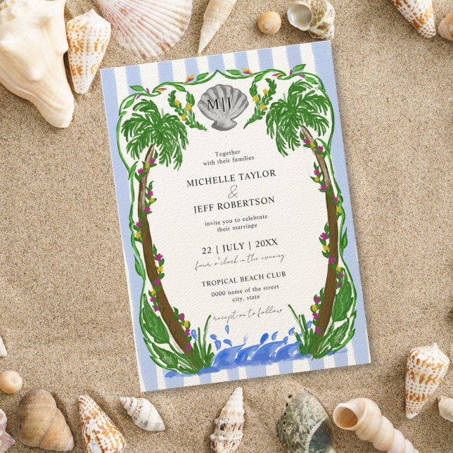 Whimsicala palmer strand hav inbjudningar (hand drawn palm trees with a shell, in the form of a crest, for the beach wedding)