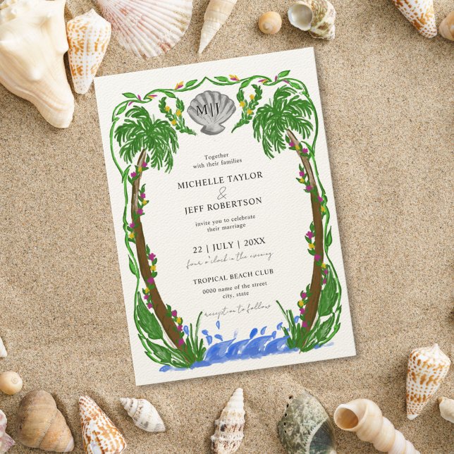 Whimsicala palmer strand hav inbjudningar (hand drawn palm trees with a shell, in the form of a crest, for the beach wedding)