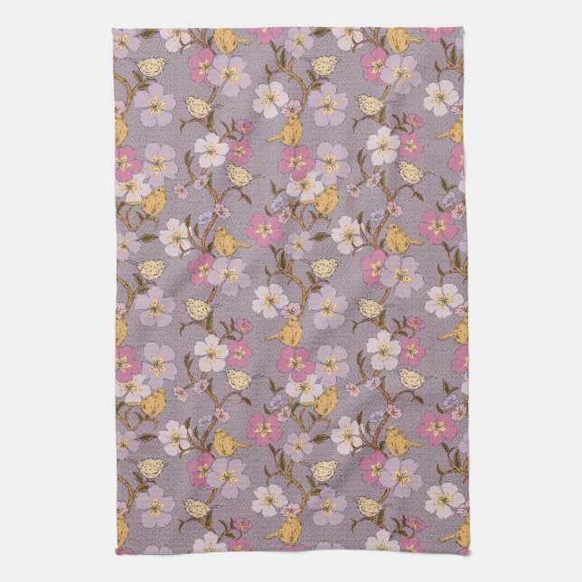 Whimsicala släpande blommor och fåglar - Lavendel Kökshandduk (Vertikal)