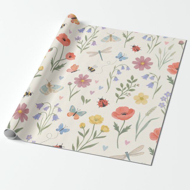 Whimsicala vårvildblommor bin & fjärilar presentpapper (Utrullad)