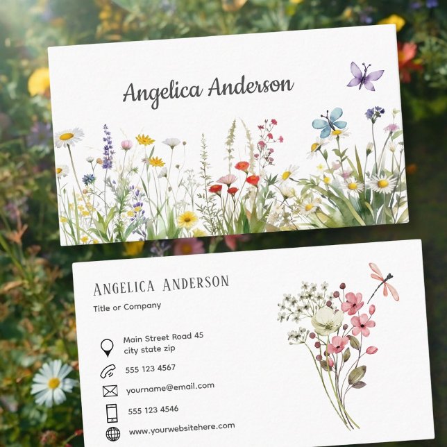 Whimsicala vilda blommor fjärilar visitkort (Whimsical Wildflowers Butterflies Business Card)