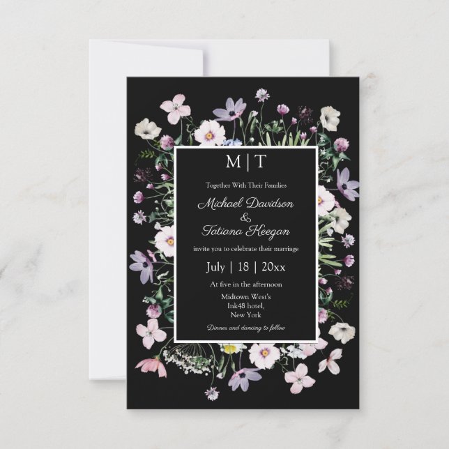 whimsicala vilda blommor trädgård modern svart brö inbjudningar (Framsida)