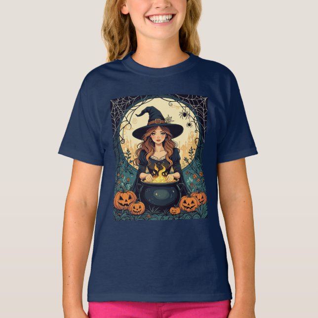 Whimsically Enchanting Witch With Spiders T Shirt (Framsida)