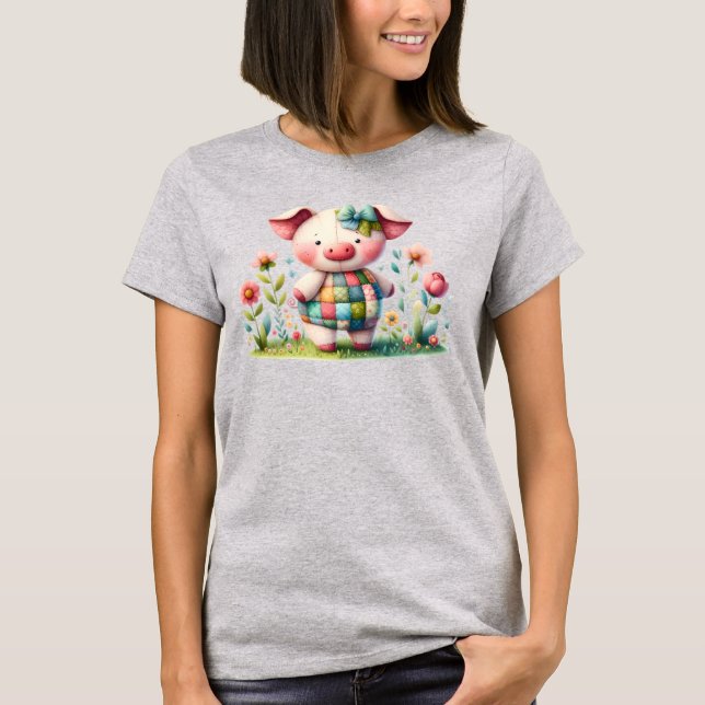 Whimsich Patchwork Gris i Blommigt Garden T Shirt (Framsida)