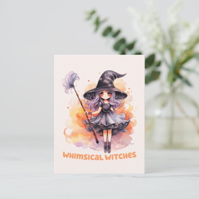 Whimsiches - Cute Halloween Witch Vykort (Stående Fram)
