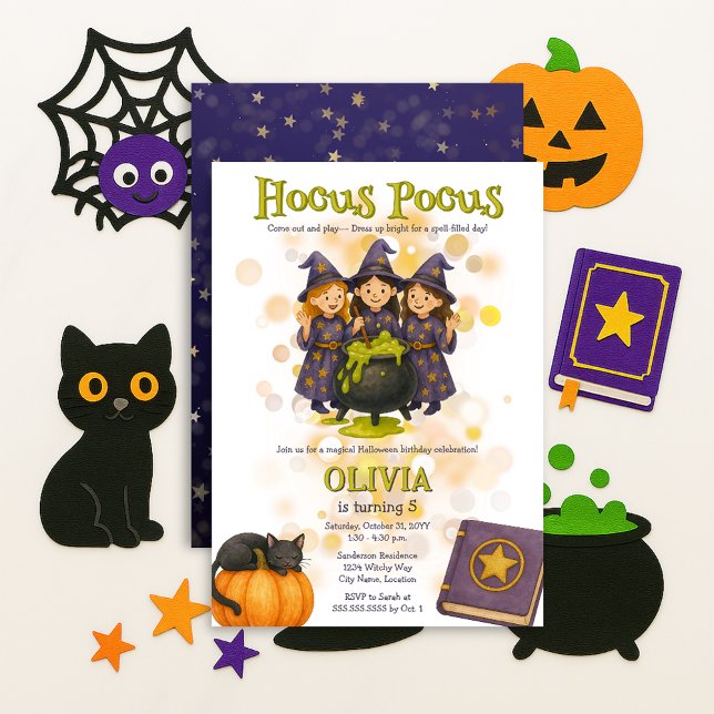 Whimsiches Hocus Pocus Halloween Birthday Inbjudningar (Whimsical witches hocus pocus Halloween birthday party invitation front and back view)