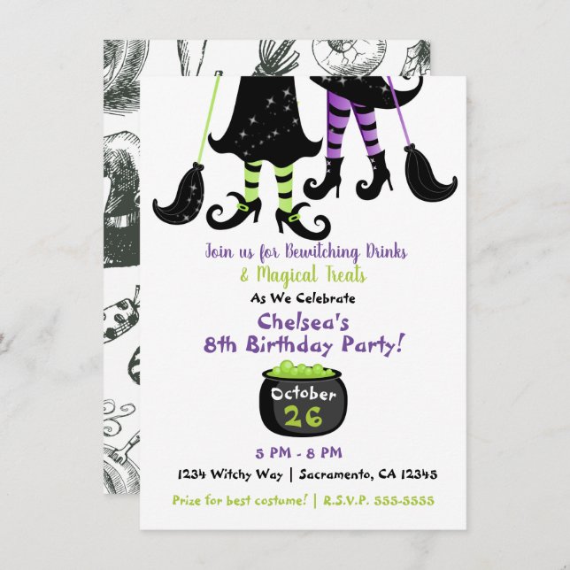 Whimsiches Modern Witch Halloween Birthday Inbjudningar (Fram/baksida)