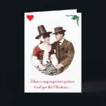 Whimsicle Romantic-julkort Helgkort<br><div class="desc">En romantisk bild av ett adorerande par visas på det här visuella julkortet.  Inuti lämnat översätts den walesiska texten till "var är öl?" på engelska.  Inuti höger översätts texten till "God jul,  Gott nytt år,  min kära".</div>