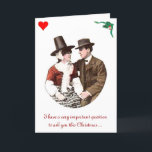 Whimsicle Romantic-julkort Helgkort<br><div class="desc">En romantisk bild av ett adorerande par visas på det här visuella julkortet.  Inuti lämnat översätts den walesiska texten till "var är öl?" på engelska.  Inuti höger översätts texten till "God jul,  Gott nytt år,  min kära".</div>