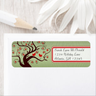 Whimsics Birds TreeWood Grain Rand Red Rosa Returadress Etikett