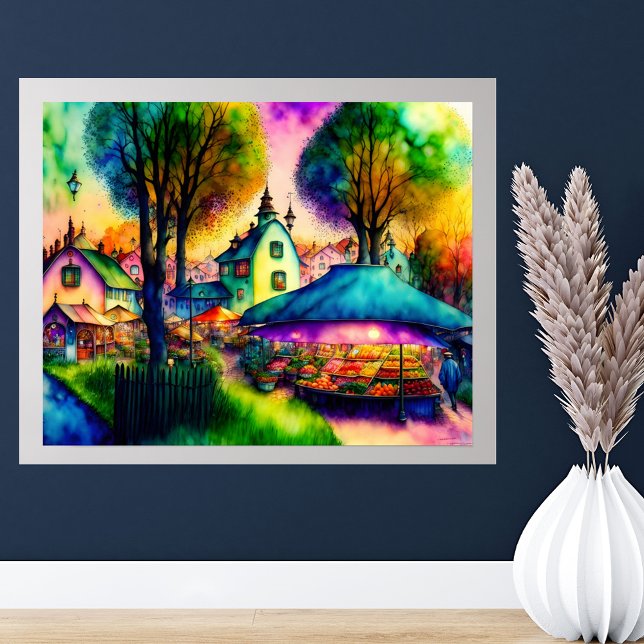 Whimsics Farmers Market Watercolor Poster (20x16 shown with added gray border mat.)