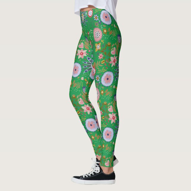 Whimsics Folk Art Flowers på Grönten Leggings (Vänster)