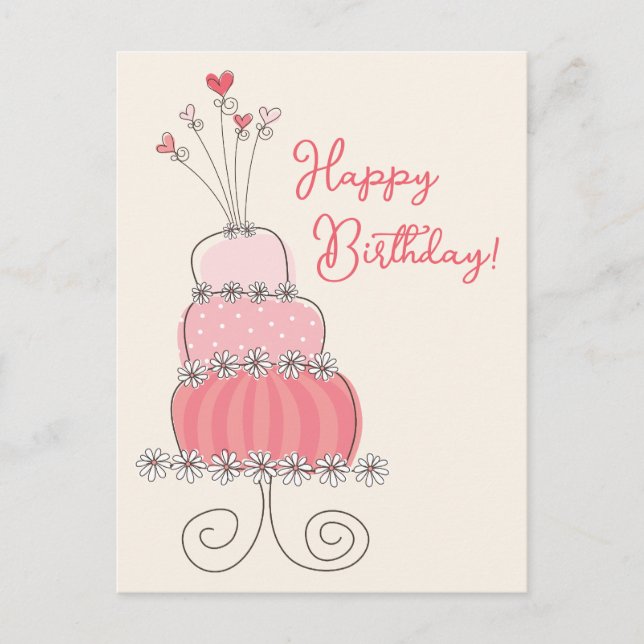 Whimsics Hearts Rosa Birthday Cake Tack Vykort (Framsida)