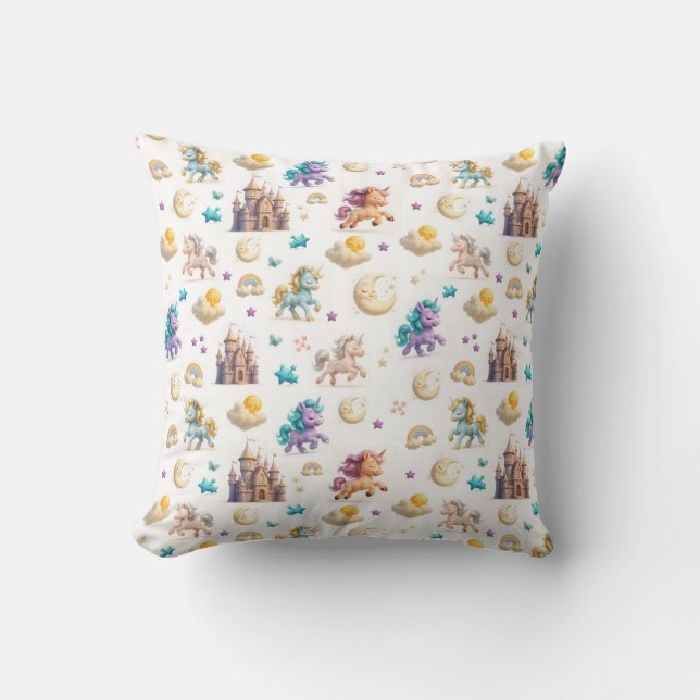 Whimsics Pastel Unicorns och Castles Fantasy Kudde (Framsida)