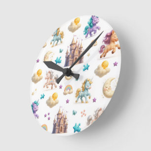 Whimsics Pastel Unicorns och Castles Fantasy Rund Klocka