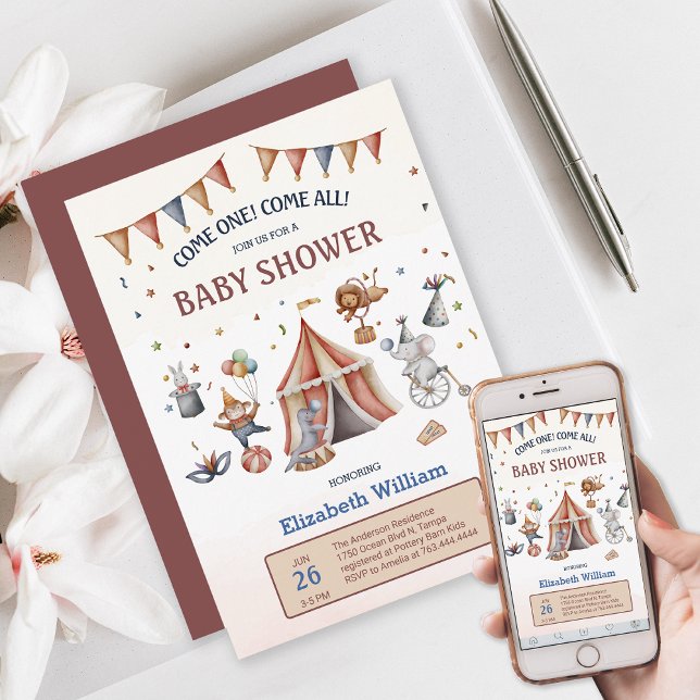 Whimsiella djur Circus Party Baby Shower Inbjudningar (Whimsical Animal Circus Party Baby Shower Invitation)