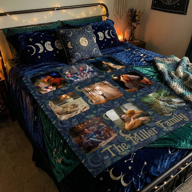 Whimsigoth Celestial | 9 Photo Family Collage Fleecefilt (Whimsigoth family photo collage. Dark cottagecore celestial moon & owl Moth Woodland keepsake gift)