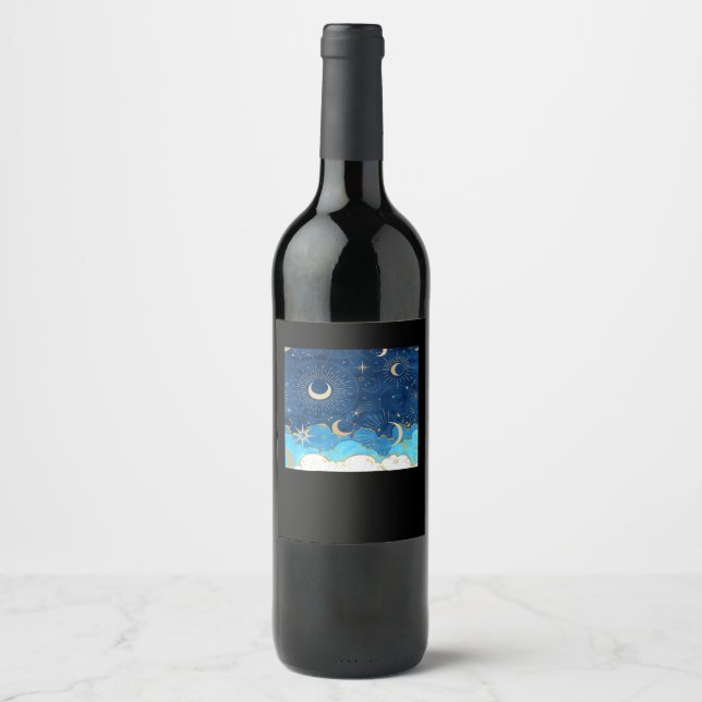 Whimsigoth Clouds Sol Måne Witchy Classic Vinflaska Etikett (Framsida)