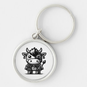 Whimsigoth Cyborg Cow Vintage Art Design Classic Rund Silverfärgad Nyckelring