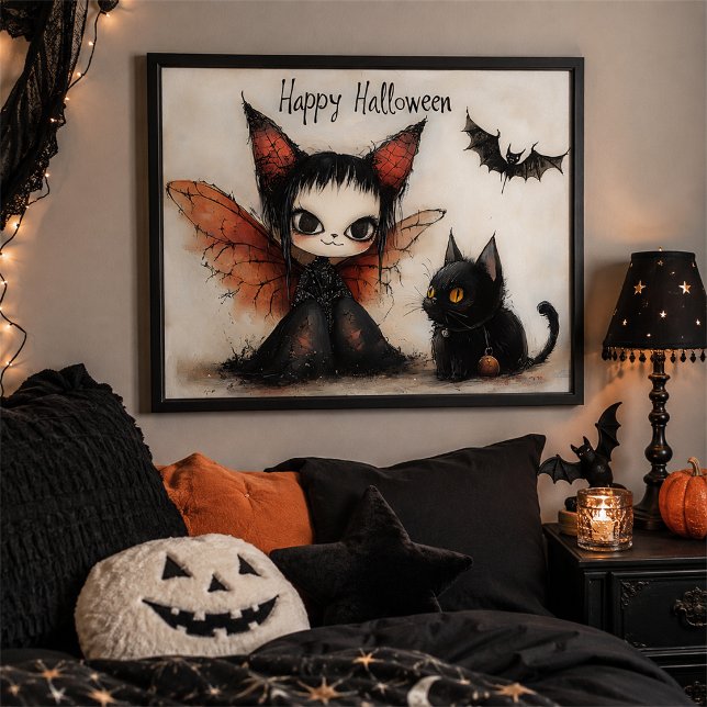 Whimsigoth Halloween Fe- och svart katt väggkonst (Skapare uppladdad)