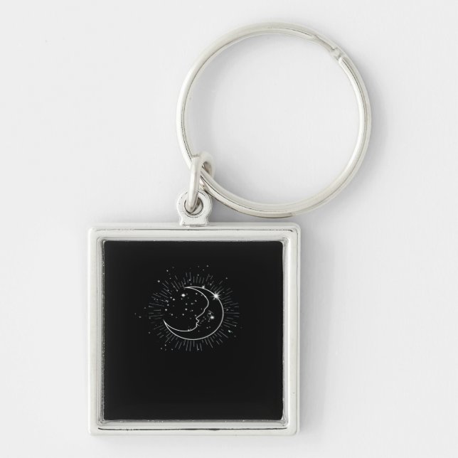 Whimsigoth Starry Night Måne Witchy Classic Fyrkantig Silverfärgad Nyckelring (Framsidan)