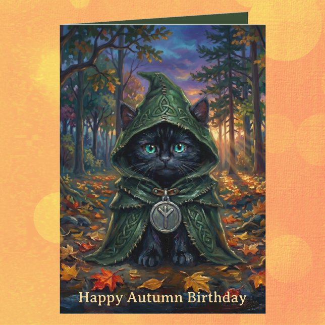 Whimsigoth Svart Katt Höst Födelsedag Kort (Happy Autumn Birthday Cat Lover. Celtic pagan eolhx rune black kitten fall design for birthdays)
