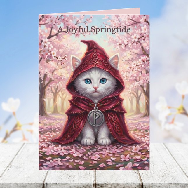 Whimsigoth Vit Katt Körsbärsblomning Keltisk Påsk  Kort (Spring Cherry Blossom Celtic White Cat Easter Best Wishes Greeting note card. Pagan Druid Whimsigoth)