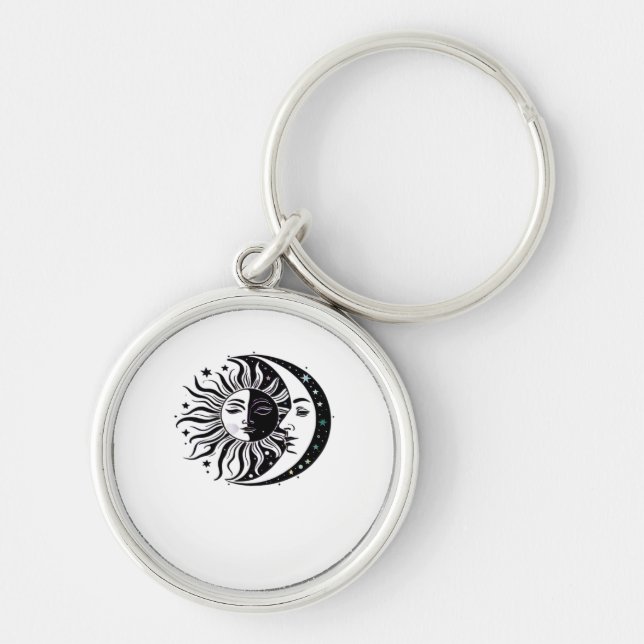 Whimsigoth Watercolor Sol Måne Witchy Classic Rund Silverfärgad Nyckelring (Framsidan)