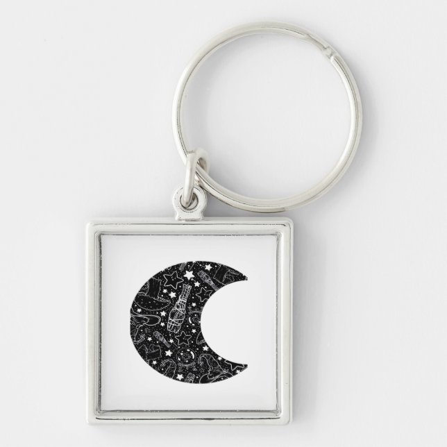 Whimsigoth Witch Måne Wicca Kawaii Goth Tattoo Ast Fyrkantig Silverfärgad Nyckelring (Framsidan)