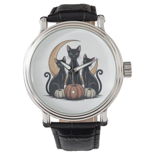 Whimsigothic Svarta katter Pumpkin Måne Halloween Armbandsur (Framsida)