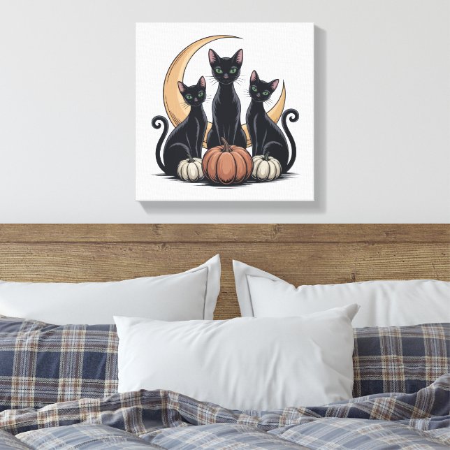 Whimsigothic Svarta katter Pumpkin Måne Halloween Canvastryck (Insitu (sovrum))