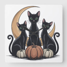 Whimsigothic Svarta katter Pumpkin Måne Halloween Fyrkantig Klocka