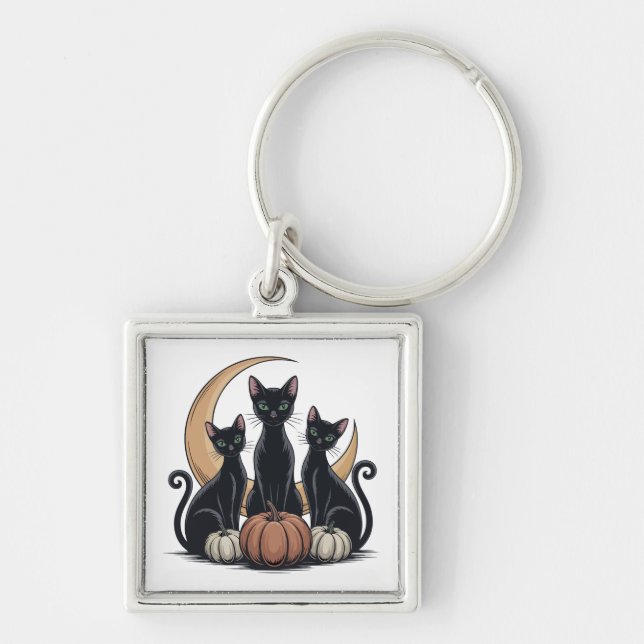 Whimsigothic Svarta katter Pumpkin Måne Halloween Fyrkantig Silverfärgad Nyckelring (Framsidan)