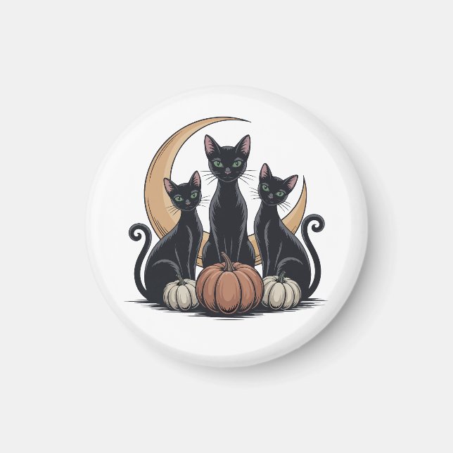 Whimsigothic Svarta katter Pumpkin Måne Halloween Magnet (Framsidan)