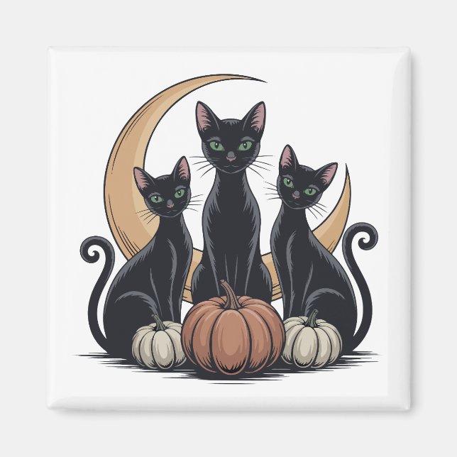 Whimsigothic Svarta katter Pumpkin Måne Halloween Magnet (Framsidan)