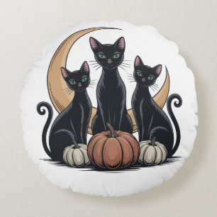 Whimsigothic Svarta katter Pumpkin Måne Halloween Rund Kudde