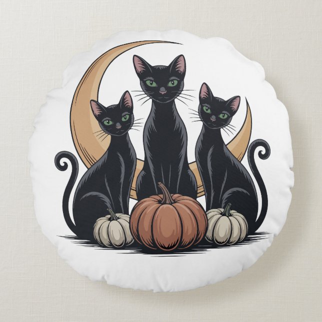 Whimsigothic Svarta katter Pumpkin Måne Halloween Rund Kudde (Framsidan)