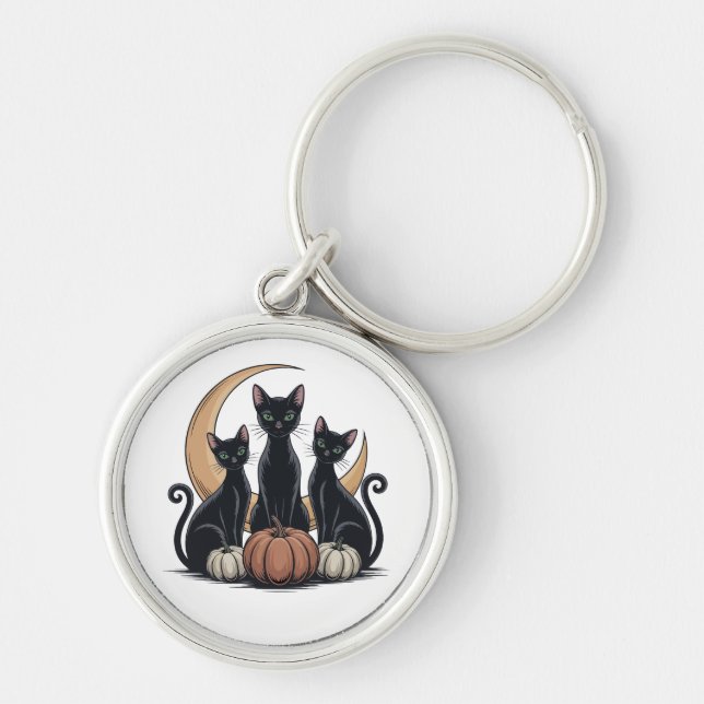Whimsigothic Svarta katter Pumpkin Måne Halloween Rund Silverfärgad Nyckelring (Framsidan)