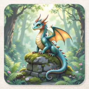 Whimsik Dragon på kärran Underlägg Papper Kvadrat