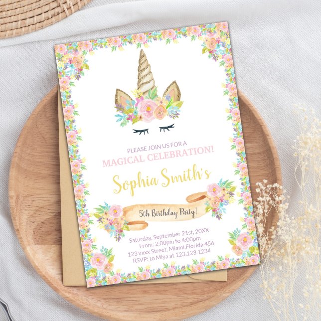 Whimsik & Elegant Party Inbjudan (Floral Unicorn Invitations)