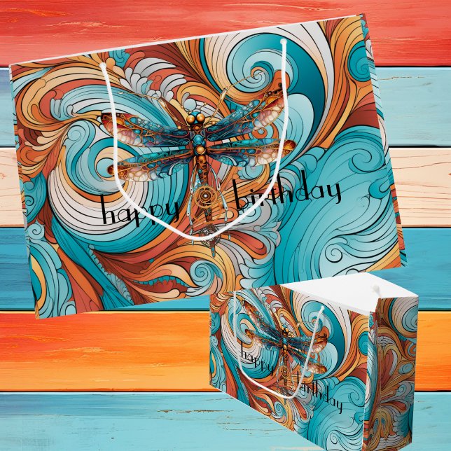 Whimsik Steampunk Dragonfly i blått och Orange (Bright and bold steampunk dragonfly and swirls customizable large gift bag, )