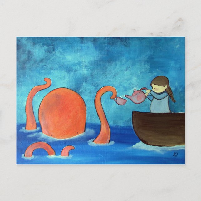 Whimsiker Art Girl Octopus Tea Party Cute Vykort (Framsida)