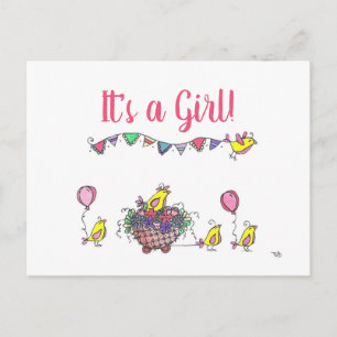Whimsiker Birds on Parad Virtuell Baby Card Shower Vykort