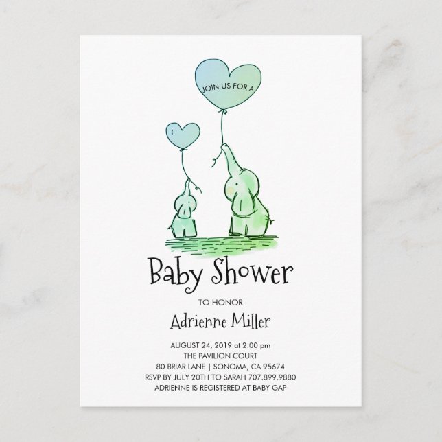 Whimsiker Elephants och Balloons Pojke Shower Inbjudan Vykort (Framsida)