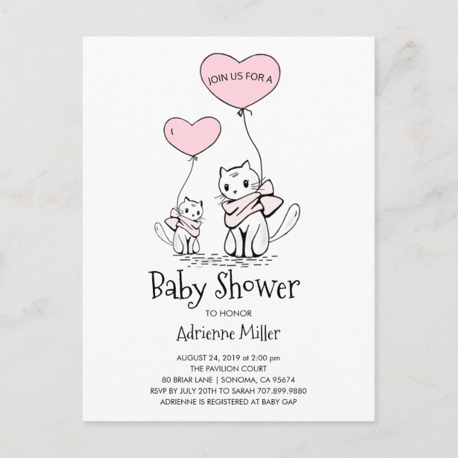 Whimsiker Kittens och Balloons Girl Baby Shower Inbjudan Vykort (Framsida)