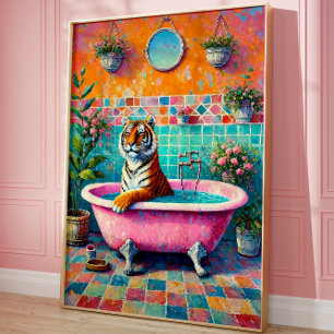 Whimsiker Tiger i Rosa Bathtub Boho Bathroom Art Poster